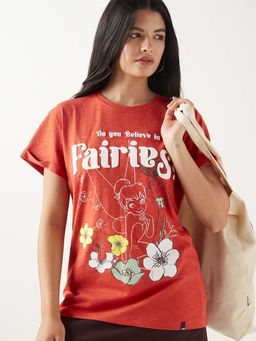 Bewakoof - Air 1.0 Official Disney Women's Orange Fairies Graphic Printed Boyfriend T-shirt
