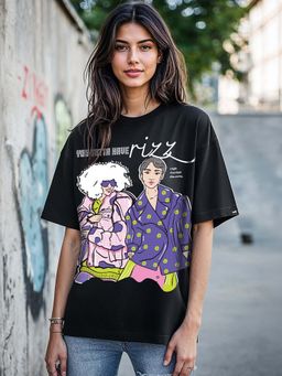Bewakoof - Heavy Duty 1.0 Women's Black You Got Rizz Graphic Printed Oversized T-shirt