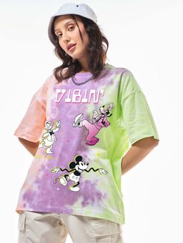 Bewakoof - Official Disney Women's Multicolor Vibing Together Graphic Printed Oversized T-shirt