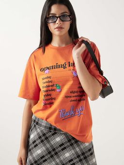 Bewakoof - Women's Caramel Orange Opening hours Graphic Printed Oversized T-shirt