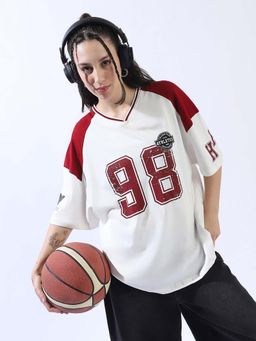 Hubberholme - Women White Printed Oversized V-Neck Half Sleeves T-shirt