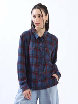 High Star - Women Navy Blue Check Regular Spread Collar Full Sleeve Shirt