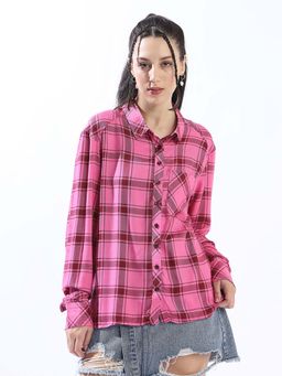 High Star - Women Pink Check Regular Spread Collar Full Sleeve Shirt