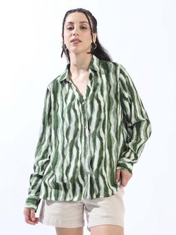 High Star - Women Green Tie & Dye Oversized Spread Collar Full Sleeve Shirt