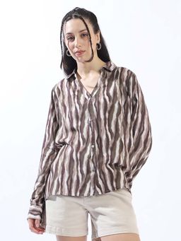 High Star - Women Beige Printed Oversized Spread Collar Full Sleeve Shirt