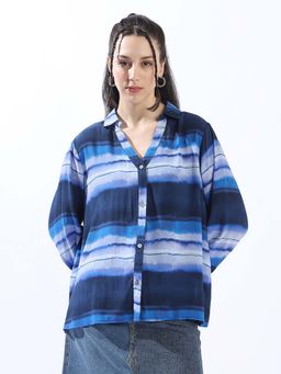 High Star - Women Blue Oversized Spread Collar Full Sleeve Shirt