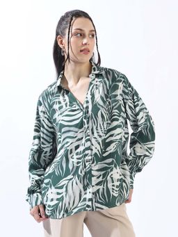 High Star - Women Green Oversized Spread Collar Full Sleeve Shirt