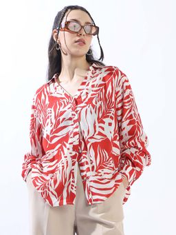 High Star - Women Red Oversized Spread Collar Full Sleeve Shirt