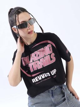 High Star - Women Black Typography Boxy Round Neck Half Sleeves T-shirt