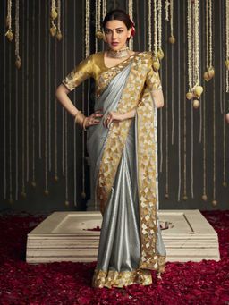 Odette - Silver Silk Woven Design Saree with Unstitched Blouse