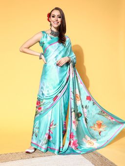 Akhilam - Womens Crepe Turquoise Digital Print Designer Saree with Unstitched Blouse