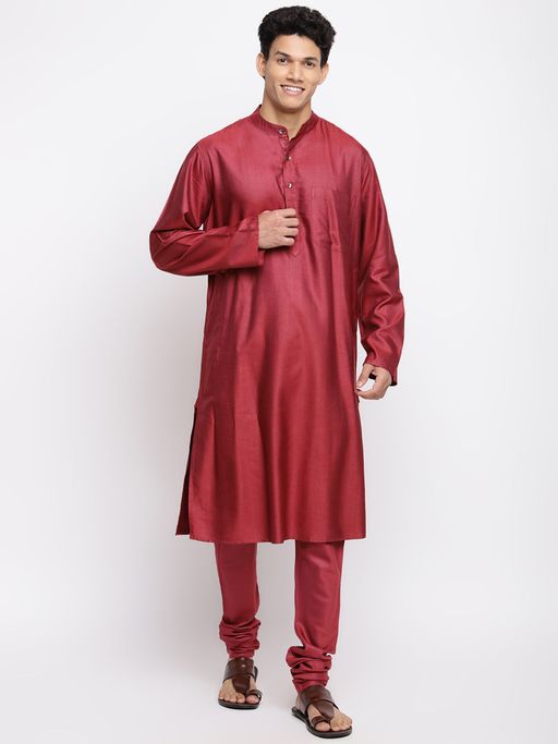 Fabindia Maroon Viscose Silk Solid Long Kurta (Set of 2)
