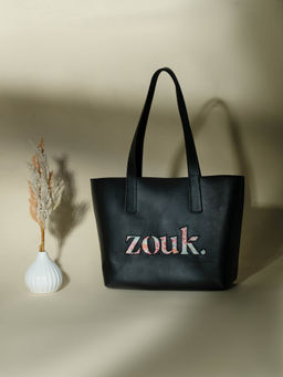 Zouk - Mangalore Blossoms Solid Black Vegan Leather Womens Signature Tote Bag