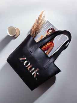 Zouk - Seashell Motif White Solid Black Vegan Leather Womens Signature Tote Bag