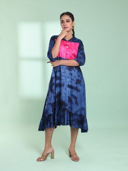 CHARUKRITI - Navy Blue Rayon Printed Stitched Ethnic Dress