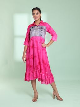 CHARUKRITI - Pink Rayon Printed Stitched Ethnic Dress