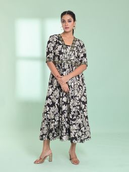 CHARUKRITI - Black Rayon Floral Printed Stitched Ethnic Dress