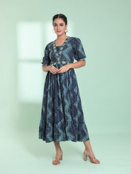 CHARUKRITI - Teal Rayon Bandhani Printed Stitched Ethnic Dress