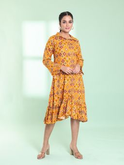CHARUKRITI - Yellow Rayon Bandhani Printed A-Line Stitched Ethnic Dress
