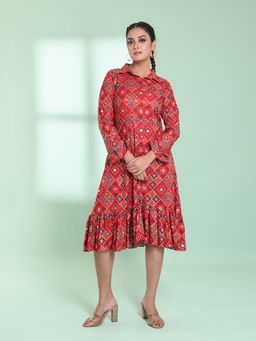 CHARUKRITI - Red Rayon Bandhani Printed A-Line Stitched Ethnic Dress