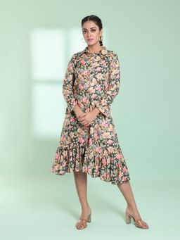 CHARUKRITI - Green Rayon Floral Printed A-Line Stitched Ethnic Dress
