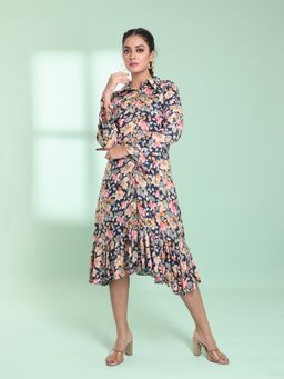CHARUKRITI - Navy Blue Rayon Floral Printed A-Line Stitched Ethnic Dress
