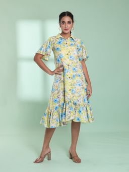 CHARUKRITI - Light Yellow Rayon Floral Printed A-Line Stitched Ethnic Dress
