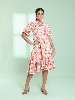 CHARUKRITI - Pink Rayon Floral Printed A-Line Stitched Ethnic Dress