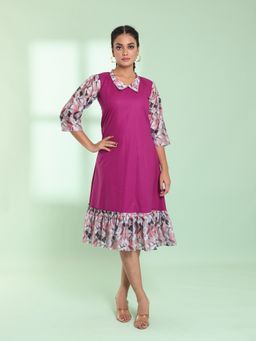 CHARUKRITI - Purple Cotton Solid A-Line Stitched Ethnic Dress