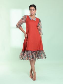 CHARUKRITI - Rust Cotton Solid A-Line Stitched Ethnic Dress