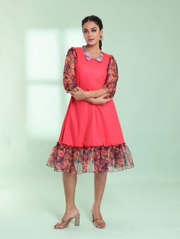 CHARUKRITI - Peach Cotton Solid A-Line Stitched Ethnic Dress