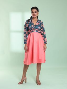 CHARUKRITI - Peach And Teal Cotton Flared Stitched Ethnic Dress With Chikankari Work