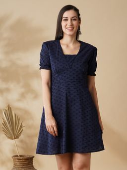 Globus - Women Navy Blue Self-Design V-Neck Puff Sleeves Flared Hem A-Line Ethnic Dress