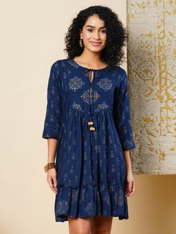 Globus - Women Ethnic Print Tie Ups Tassel Drawstring Neck Fit & Flare Mini Dress