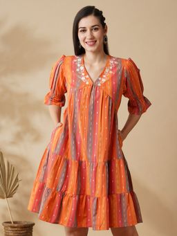 Globus - Women Multi Orange Floral Embroidered V-Neck Puff Sleeves Knee Length Tiered Fusion A-Line Dress