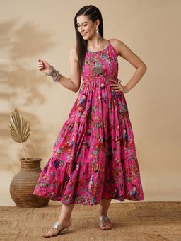 Globus - Women Pink Floral Print Adjustable Strappy Sleeve Waist Tie-Up Fit & Flare Fusion Maxi Dress