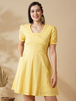 Globus - Women Yellow Blue Self-Design V-Neck Puff Sleeves Flared Hem A-Line Ethnic Dress