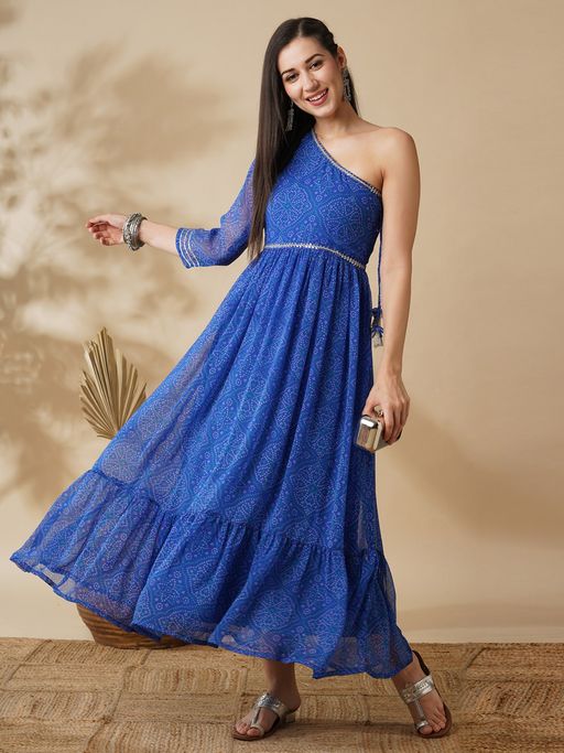 chinese dress ladies Blue Bandhani Printed V-Neck Anarkali Ethnic Maxi Dress with Dupatta 2X main image 0