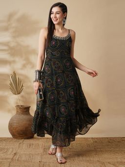 Globus - Women Black Strappy Shoulder Bandhani Print Fit & Flare Dress Maxi Dress