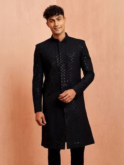 Vastramay - Men Black Rayon Sequin Embroidery Mandarin Collar Sherwani
