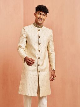 Vastramay - Men Cream Silk Motif Sherwani