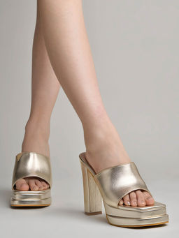 Shoetopia - Girls Stylish Solid Golden Block Heels