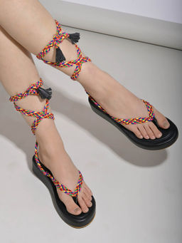 Shoetopia - Girls Classic Printed Black Strap Gladiators Flats