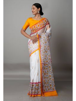 Unnati Silks - White Banarasi Block Printed Cotton Silk Saree with Unstitched Blouse
