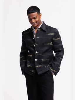 Rohit Bal - Men's Black Printed Linen Winter Coat