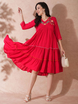 Globus - Women Red V-Neck Embroidered Yoke Alia Cut Tiered Dress
