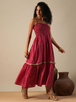 Globus - Women Pink Bandhani Print Lace Smocked Fusion Maxi Dress
