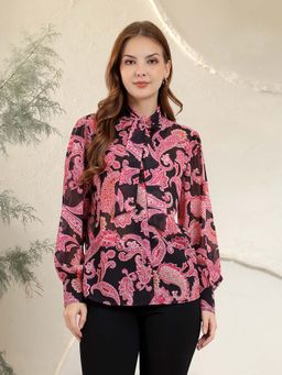 Kibo - Black Floral Tie Up Neck Shirt