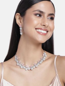 Estele - Rhodium Plated CZ Elegant Necklace Set with Mint Pink Crystals