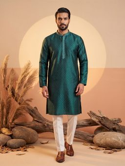 ETHNIC BAY - Men Green Silk Blend Full Sleeves Kurta with Pant